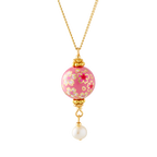 Cherry Blossom Hand Painted Tensha Bead Pendant Necklace with Pearl