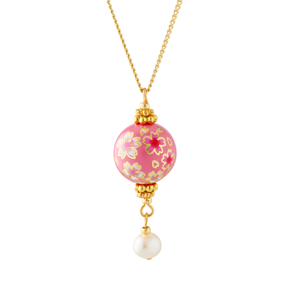 Cherry Blossom Hand Painted Tensha Bead Pendant Necklace with Pearl