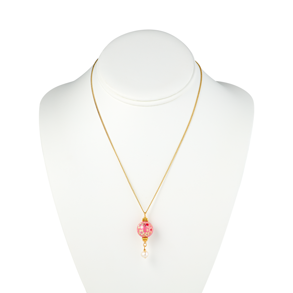 Cherry Blossom Hand Painted Tensha Bead Pendant Necklace with Pearl