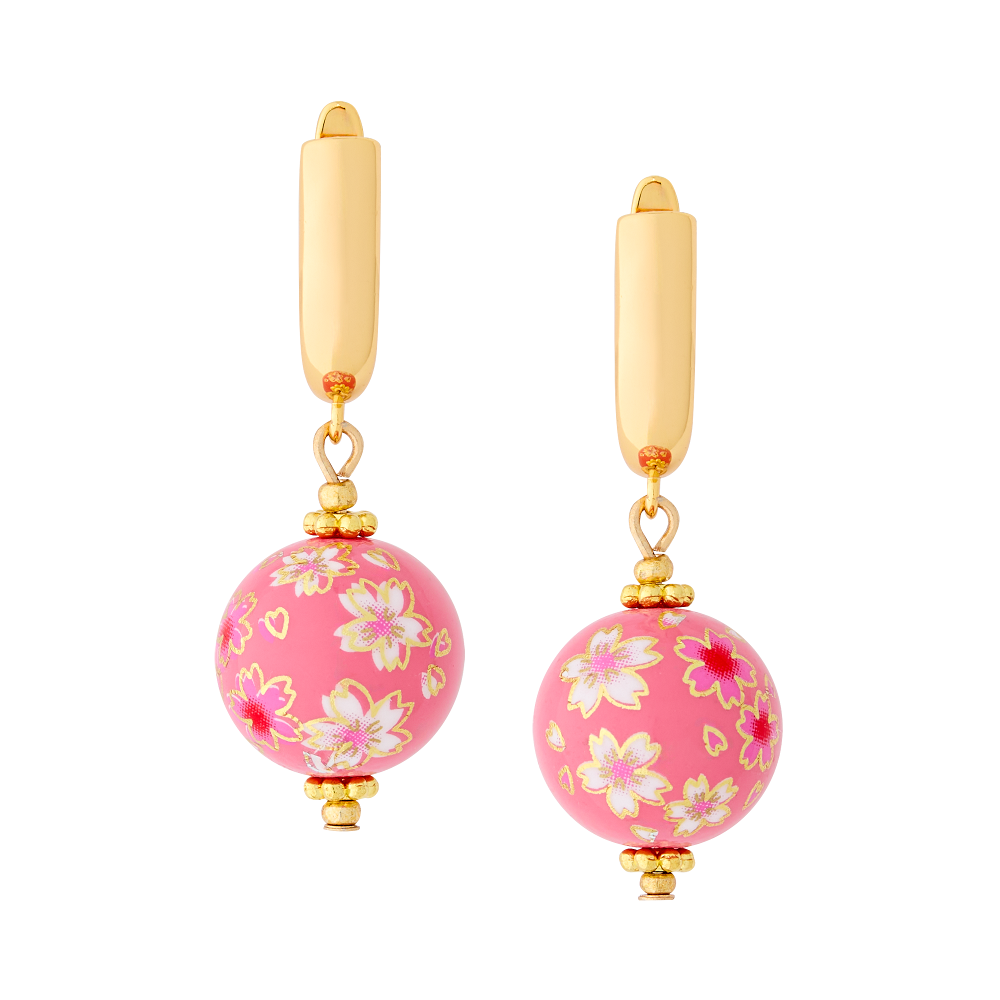 Cherry Blossom Huggie Earrings with Hand Painted Tensha Beads