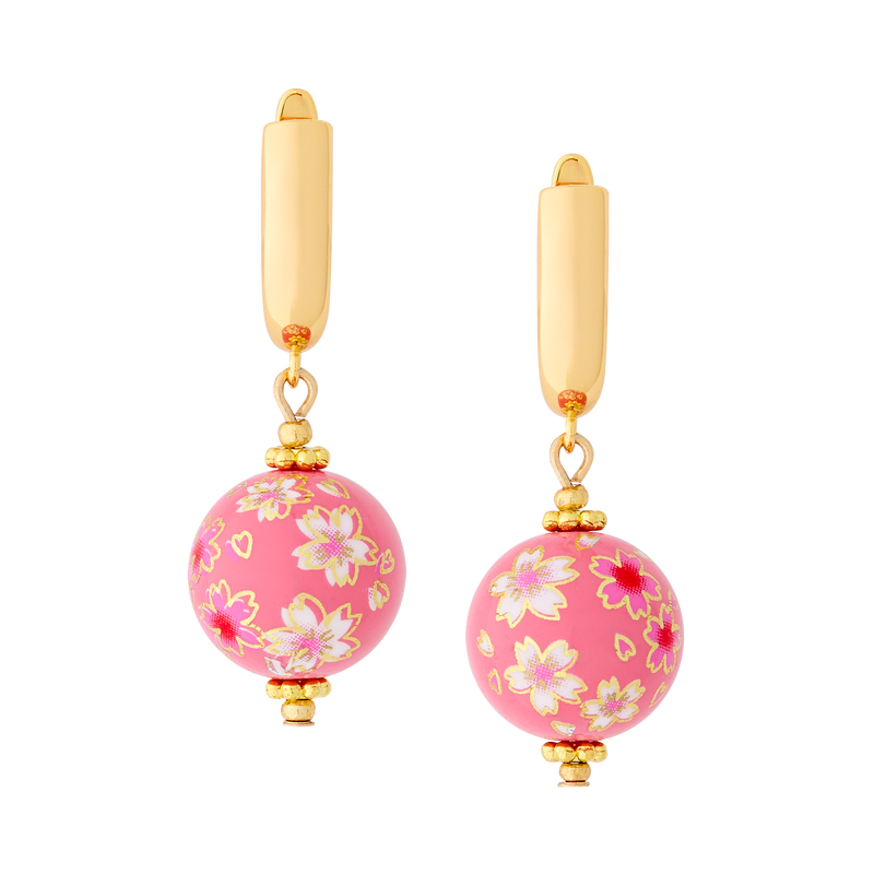 Cherry Blossom Huggie Earrings with Hand Painted Tensha Beads