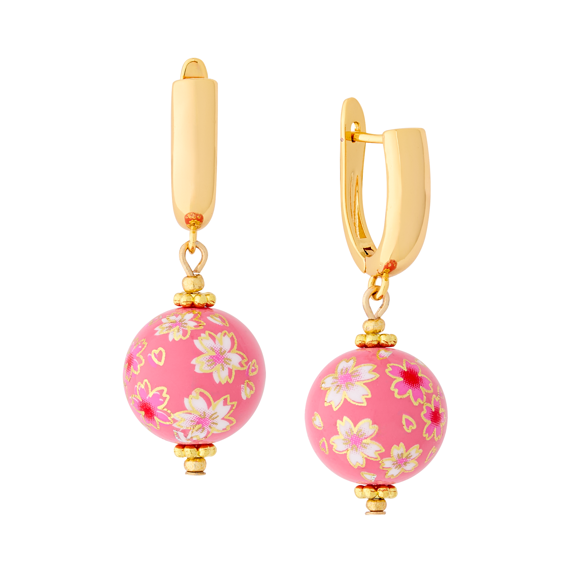 Cherry Blossom Huggie Earrings with Hand Painted Tensha Beads