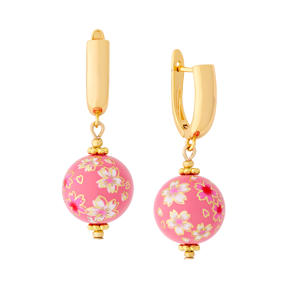 Cherry Blossom Huggie Earrings with Hand Painted Tensha Beads