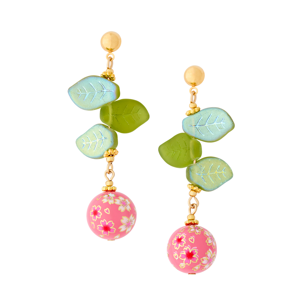 Cherry Blossom Drop Earrings with Glass Leaves and Hand Painted Tensha Bead