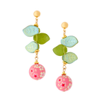 Cherry Blossom Drop Earrings with Glass Leaves and Hand Painted Tensha Bead