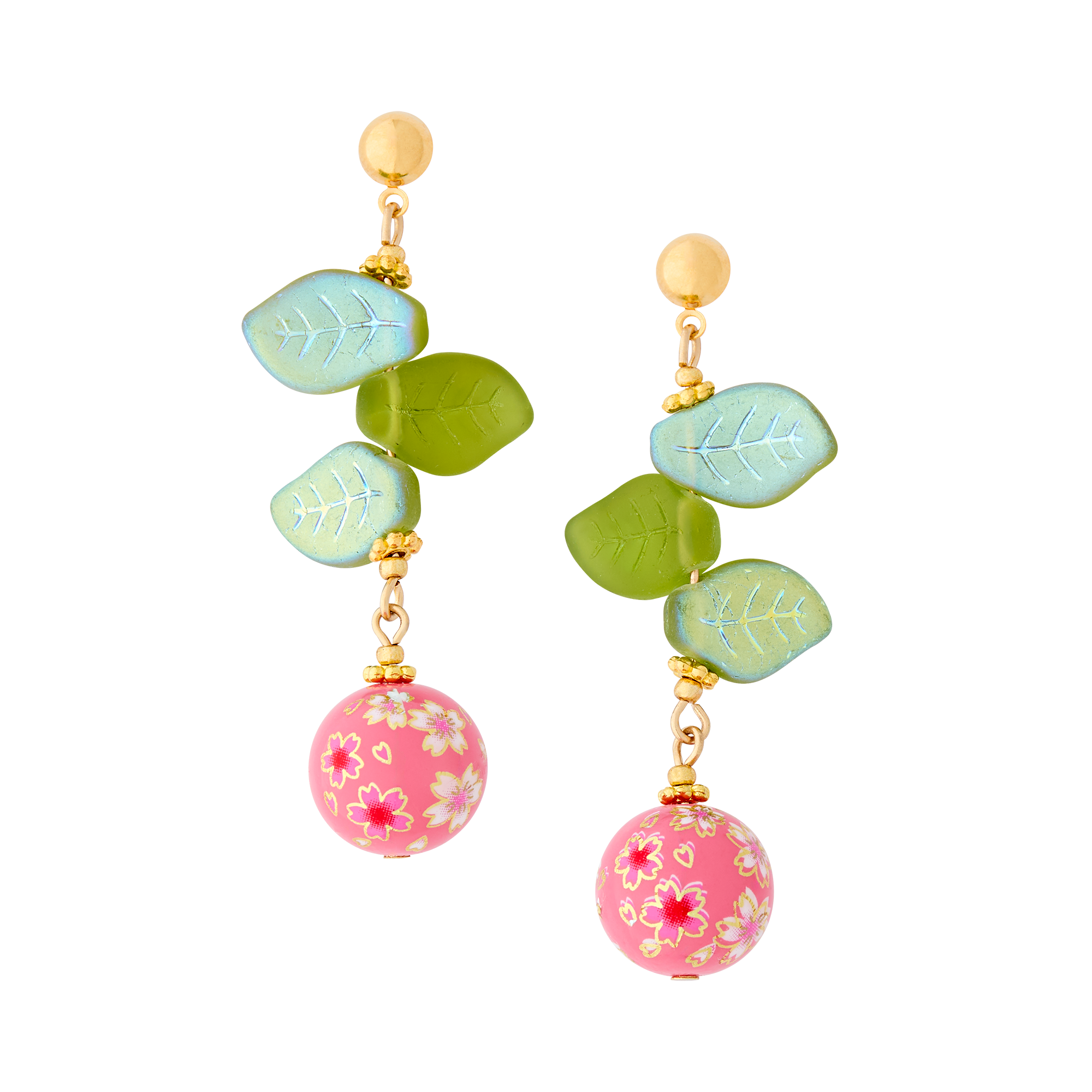 Cherry Blossom Drop Earrings with Glass Leaves and Hand Painted Tensha Bead
