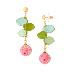 Cherry Blossom Drop Earrings with Glass Leaves and Hand Painted Tensha Bead