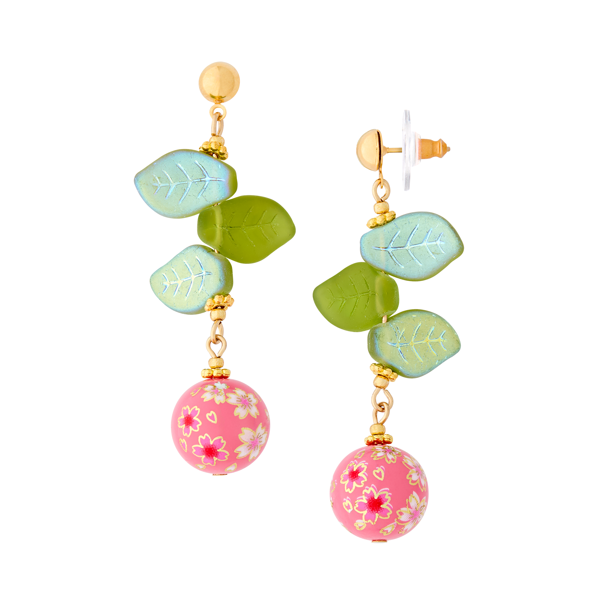 Cherry Blossom Drop Earrings with Glass Leaves and Hand Painted Tensha Bead