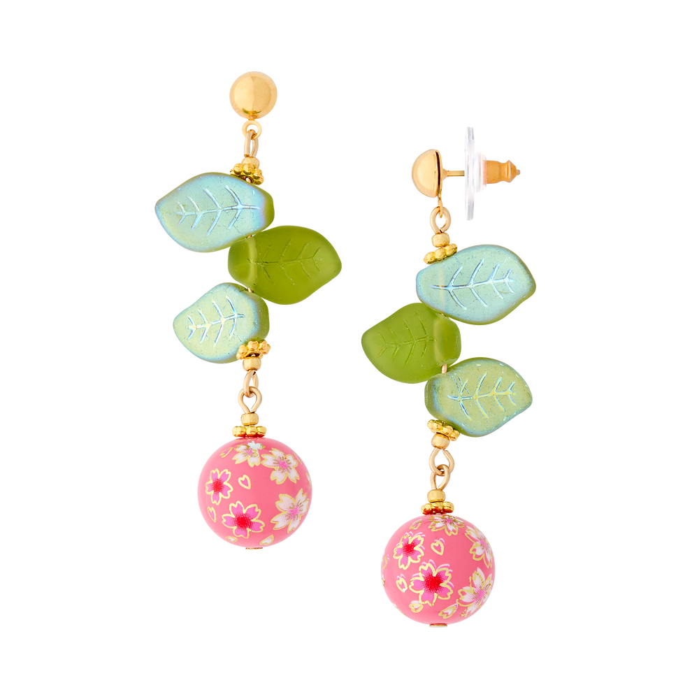 Cherry Blossom Drop Earrings with Glass Leaves and Hand Painted Tensha Bead