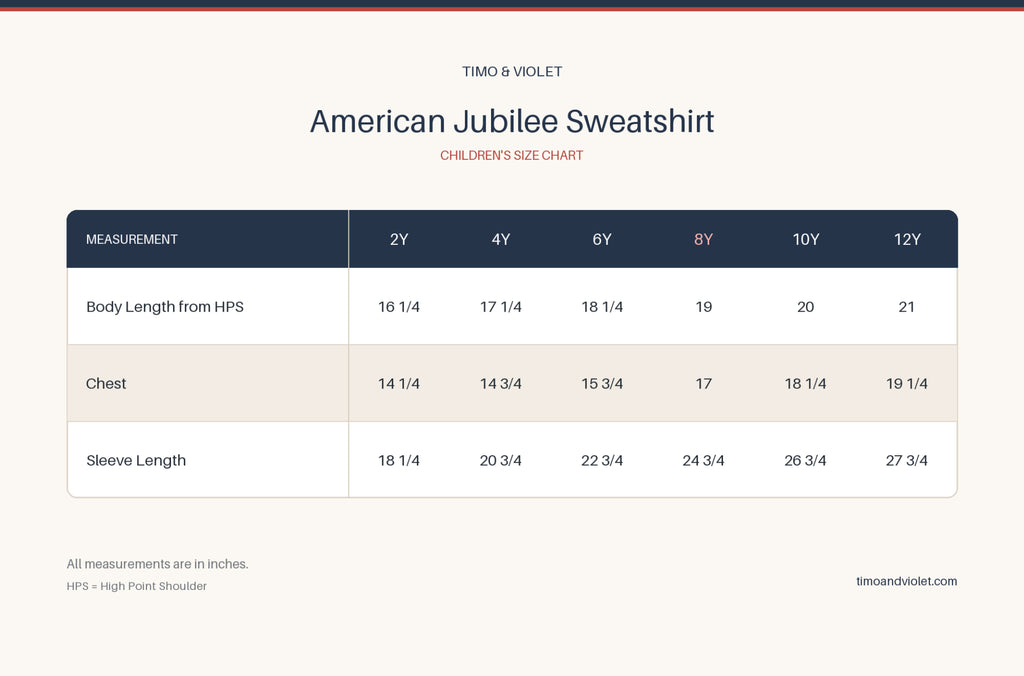 Size Chart for Patriotic Fireworks Crewneck Sweatshirt for Kids
