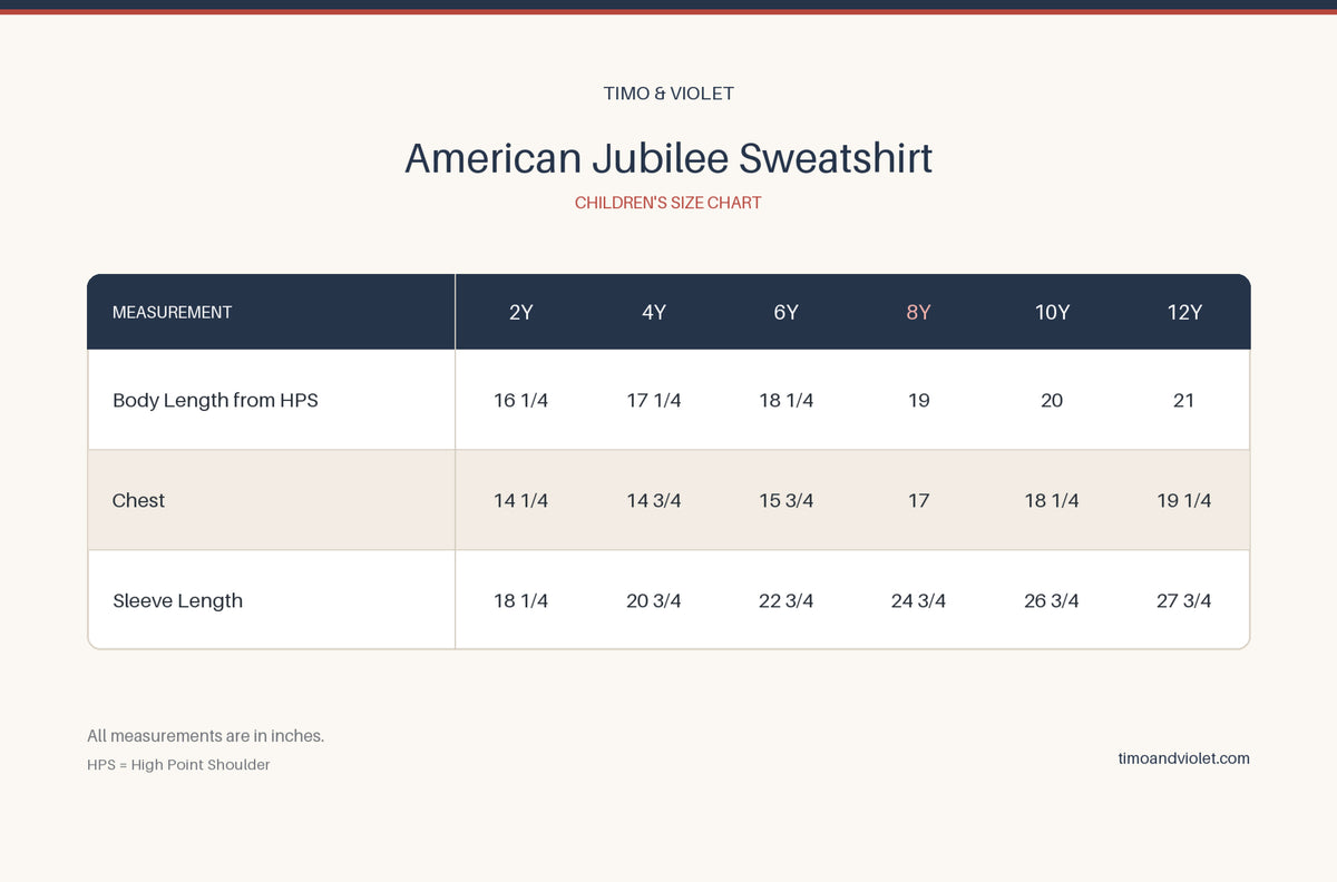 Size Chart for Patriotic Fireworks Crewneck Sweatshirt for Kids