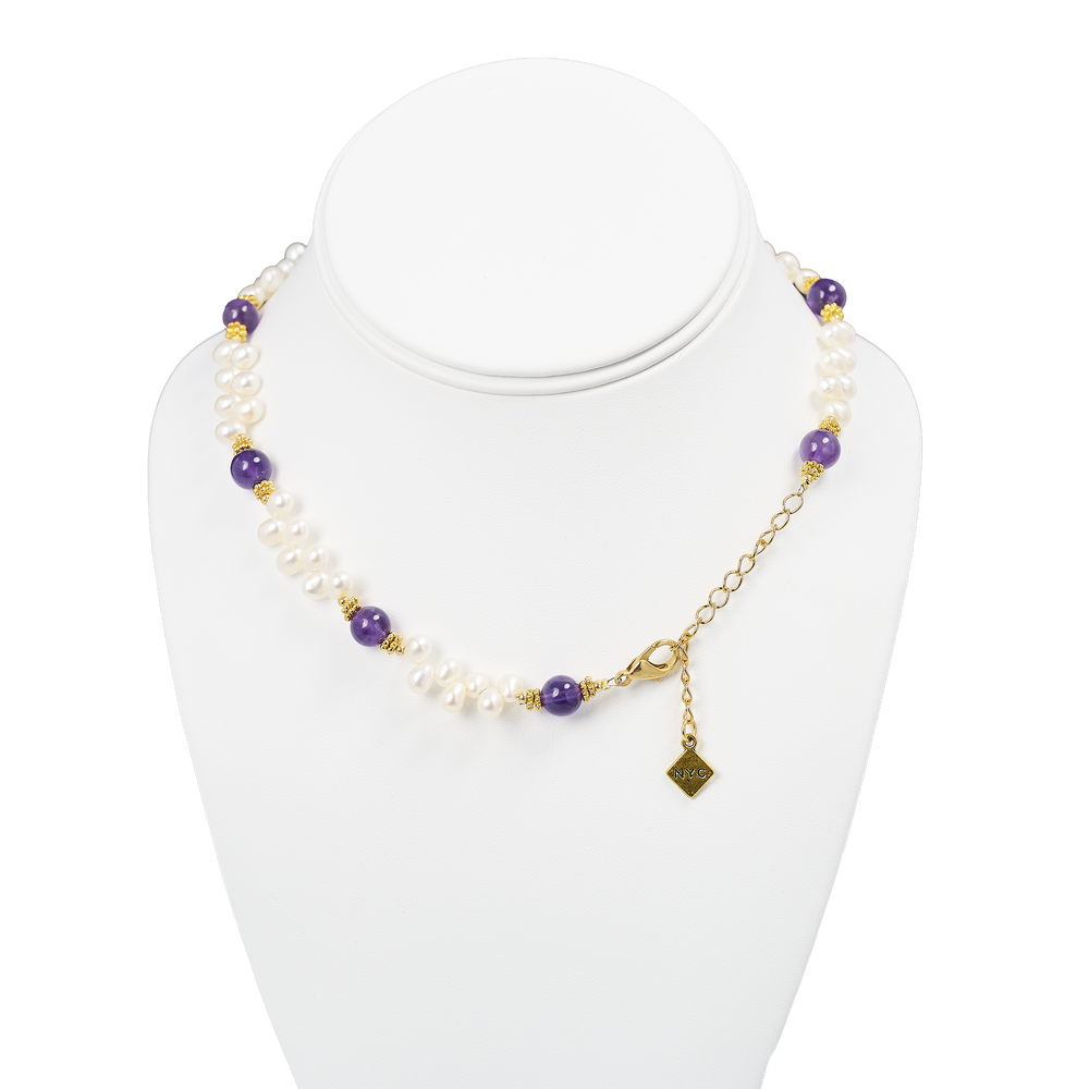Lincoln Presidential China Inspired Amethyst and Pearl Necklace with Gold Accent