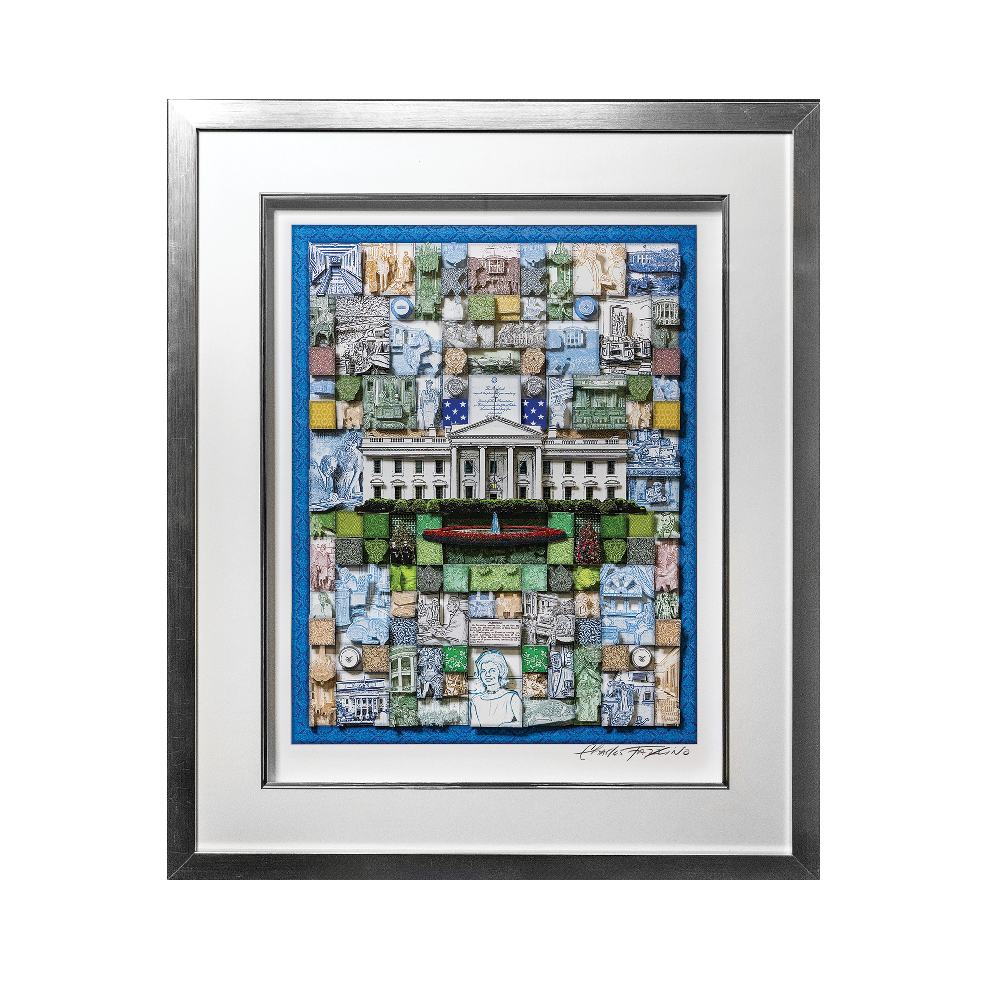 Charles Fazzino Colorful Quilted White House Art in Silver Frame
