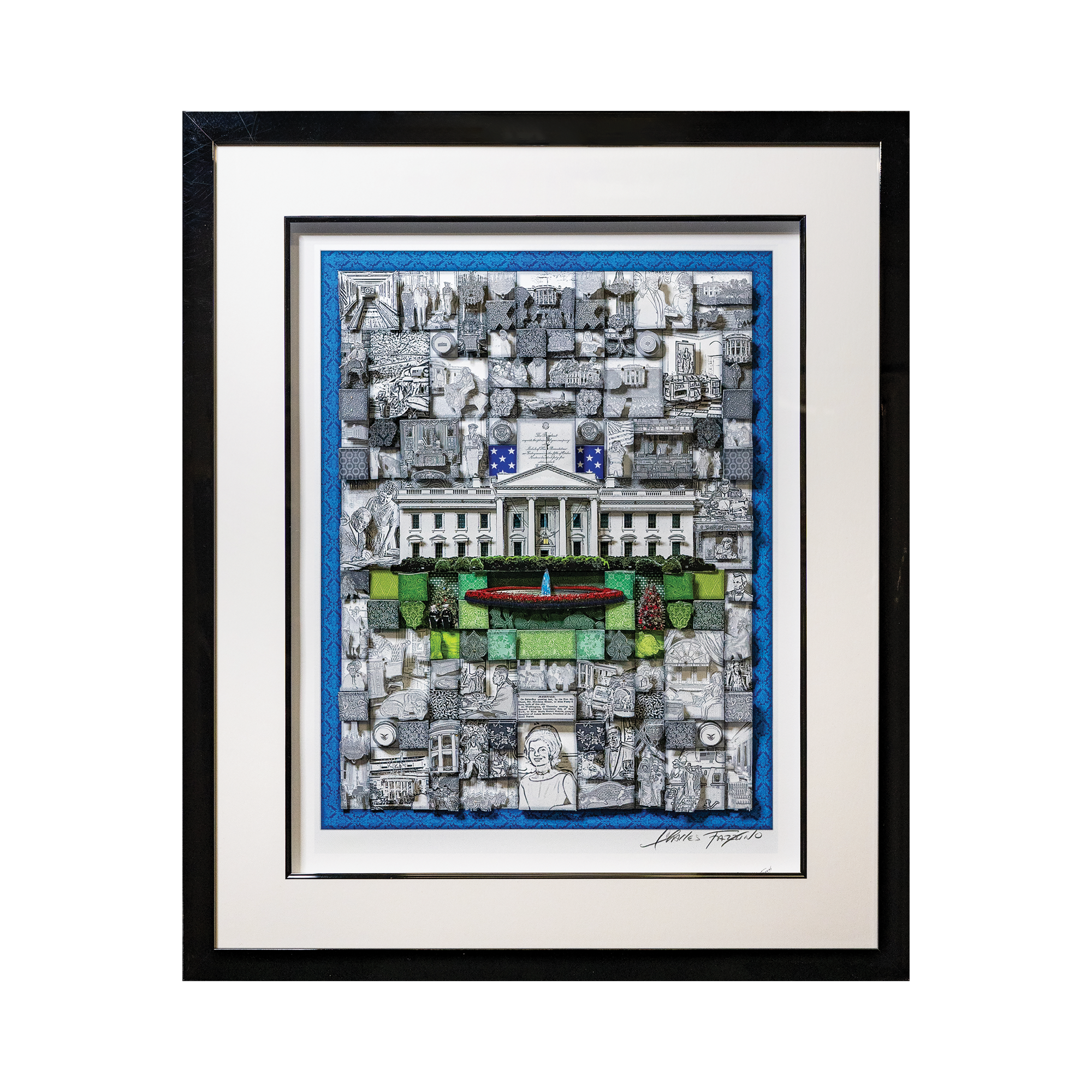 Charles Fazzino Black and White Quilted White House Art in Black Frame