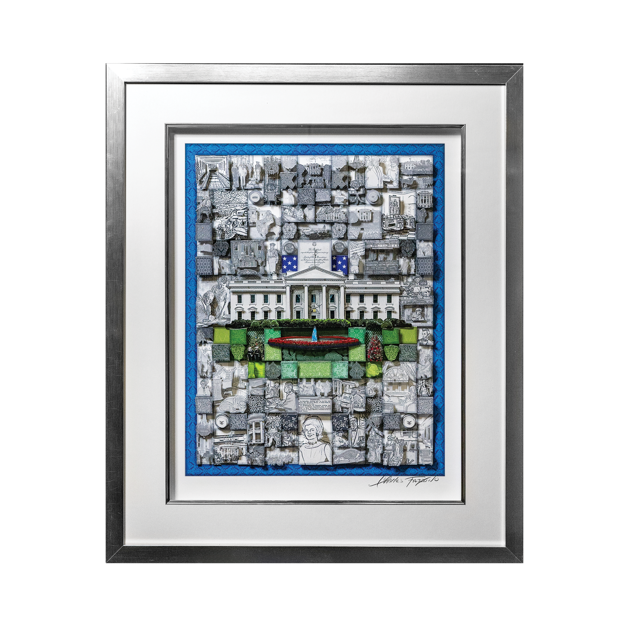 Charles Fazzino Black and White Quilted White House Art in Silver Frame