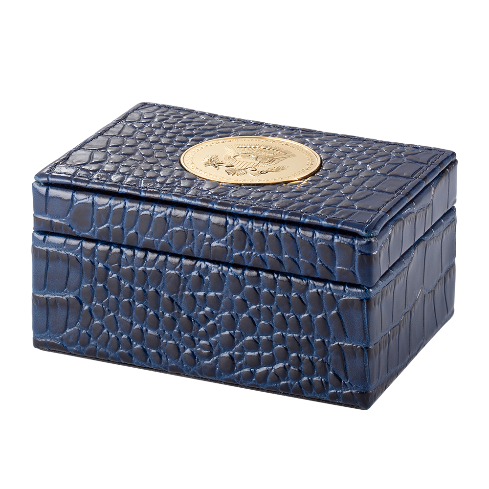Leather Box with Embossed Crocodile Texture with Truman Seal Coin closed exterior