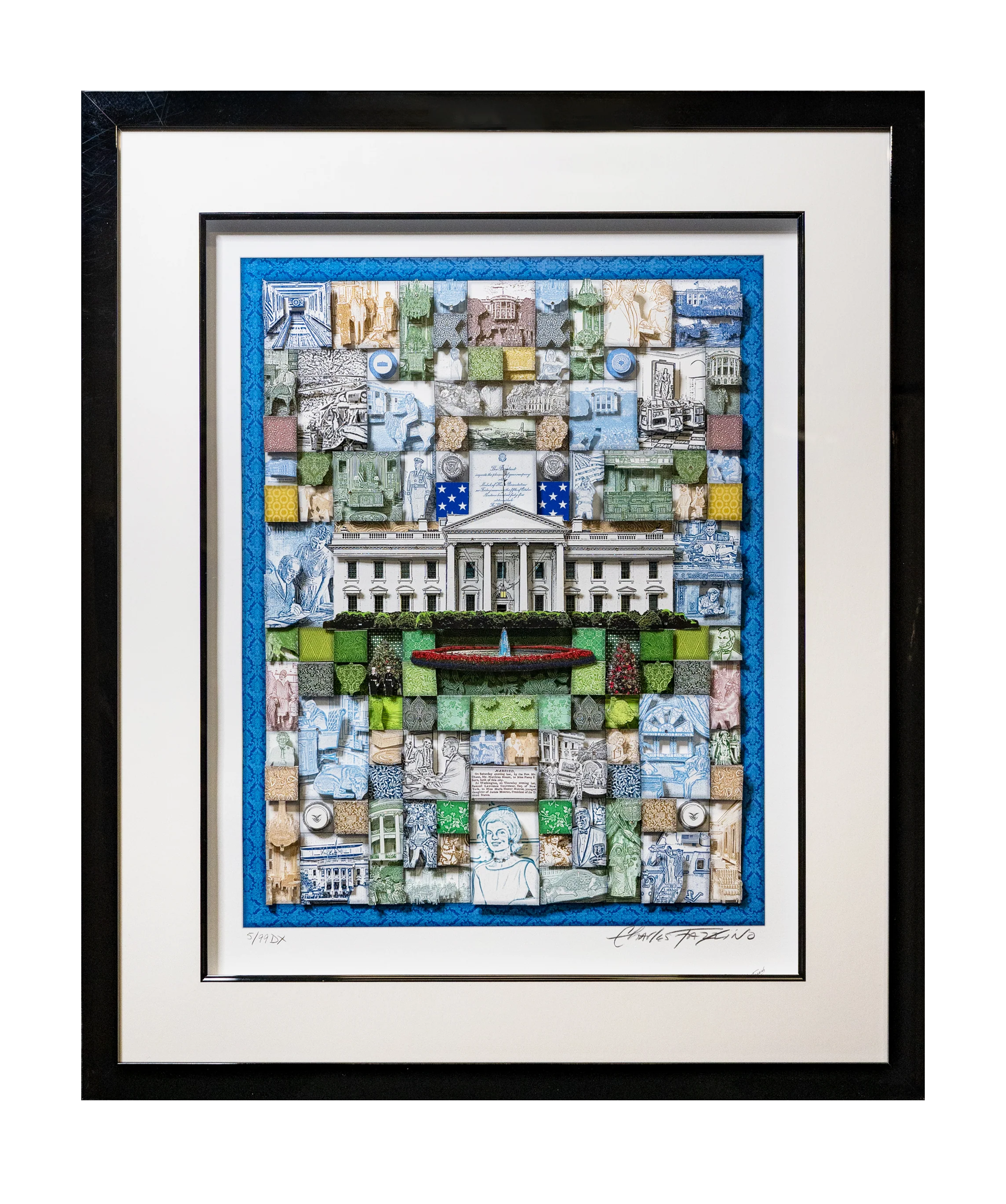 Charles Fazzino Colorful Quilted White House Art in Black Frame