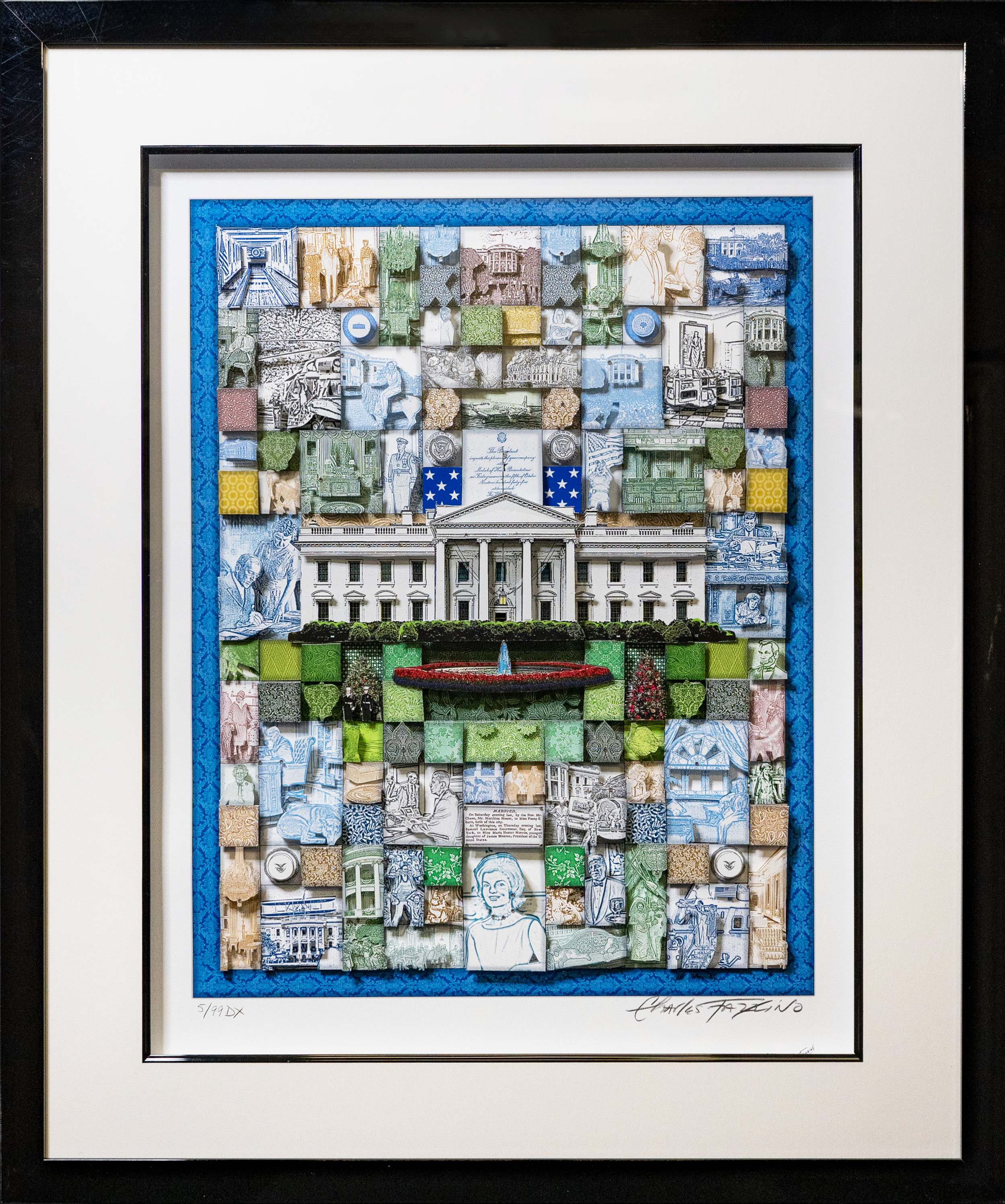 Charles Fazzino Colorful Quilted White House Art in Black Frame