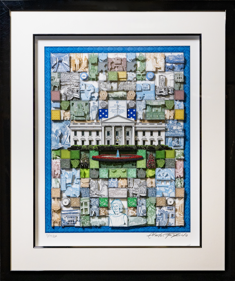 Charles Fazzino Colorful Quilted White House Art in Black Frame