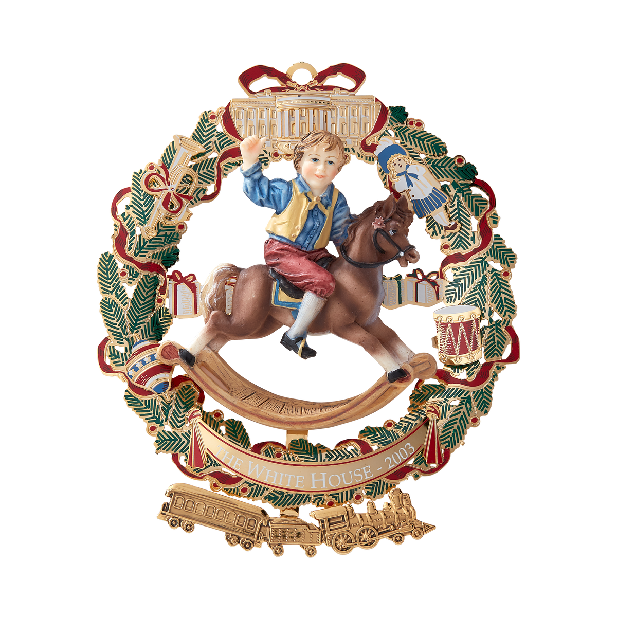 ヴィンテージ　チェコガラスオーナメント　白狼？白狐？犬？　クリスマスオーナメント 2003 White House Christmas Ornament, A Child's Rocking Horse
