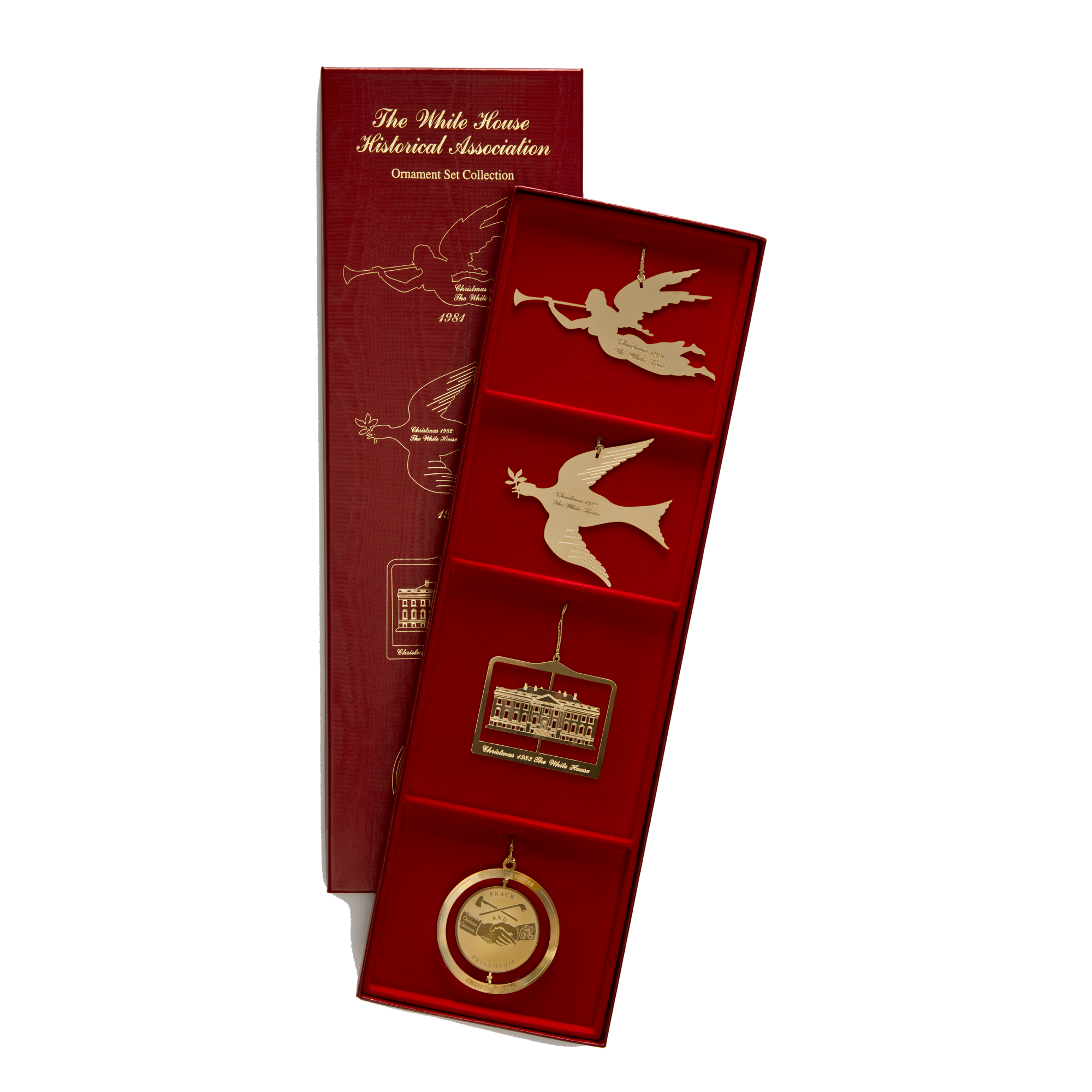 1981 to 1984 Christmas Ornaments-Angel, Dove, The White House, Jefferson Peace Medal