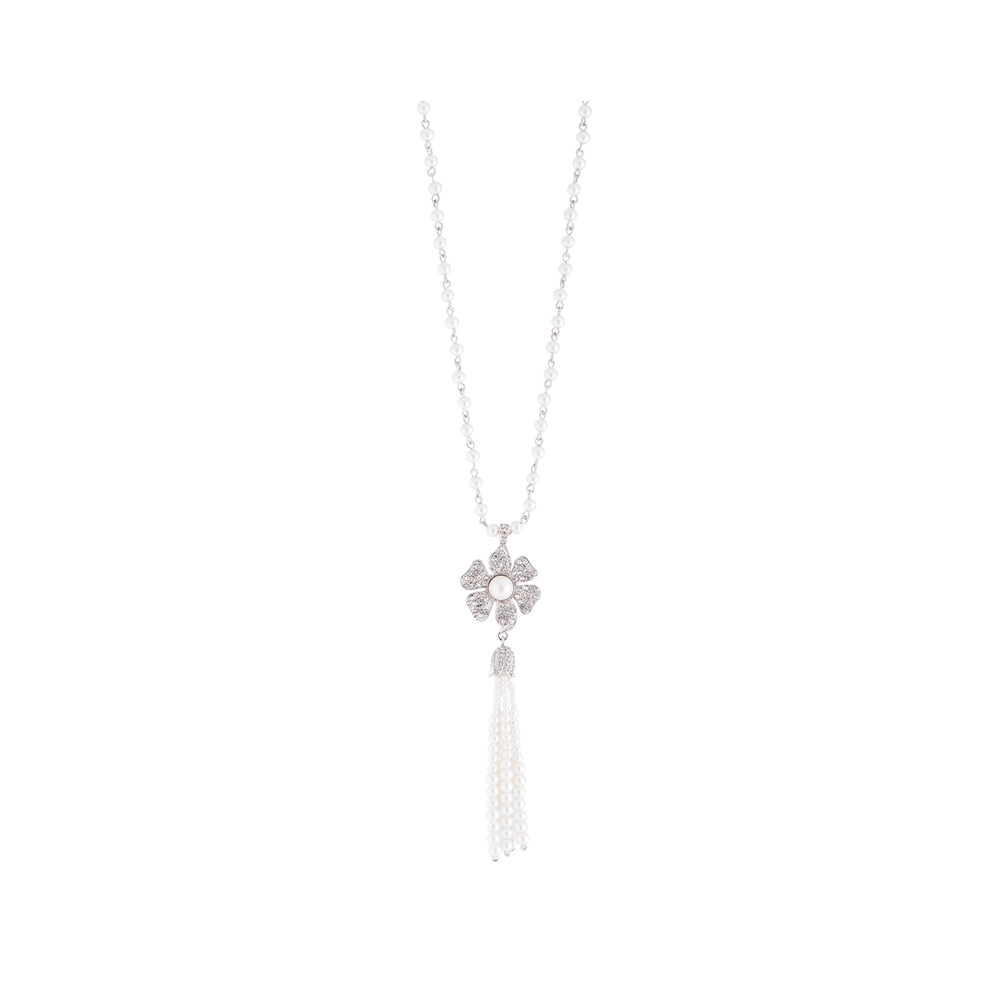 Drop Necklace with Pavé  Flower and Pearl Tassel