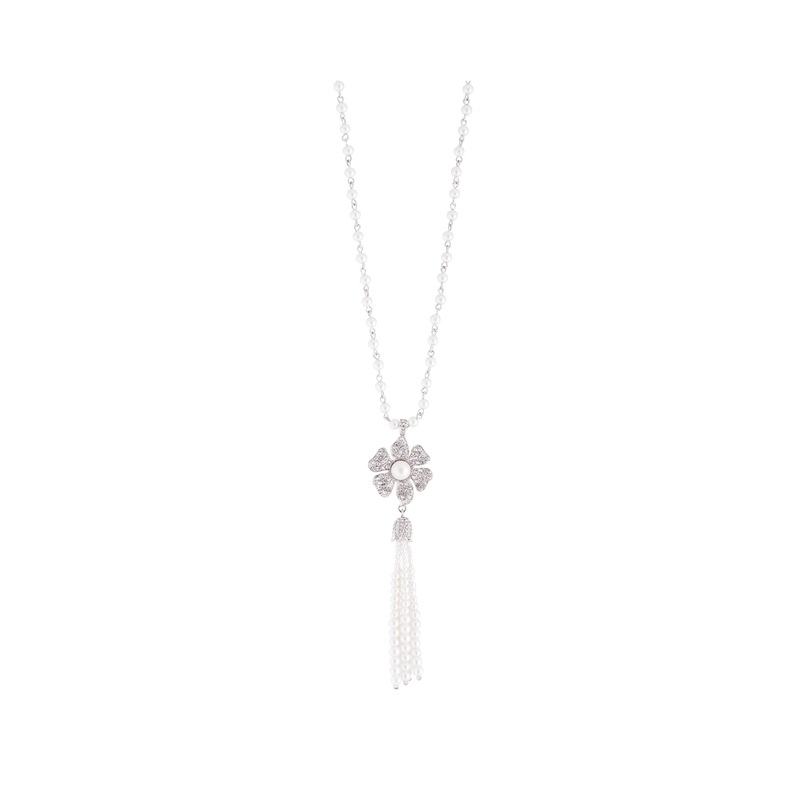 Drop Necklace with Pavé  Flower and Pearl Tassel