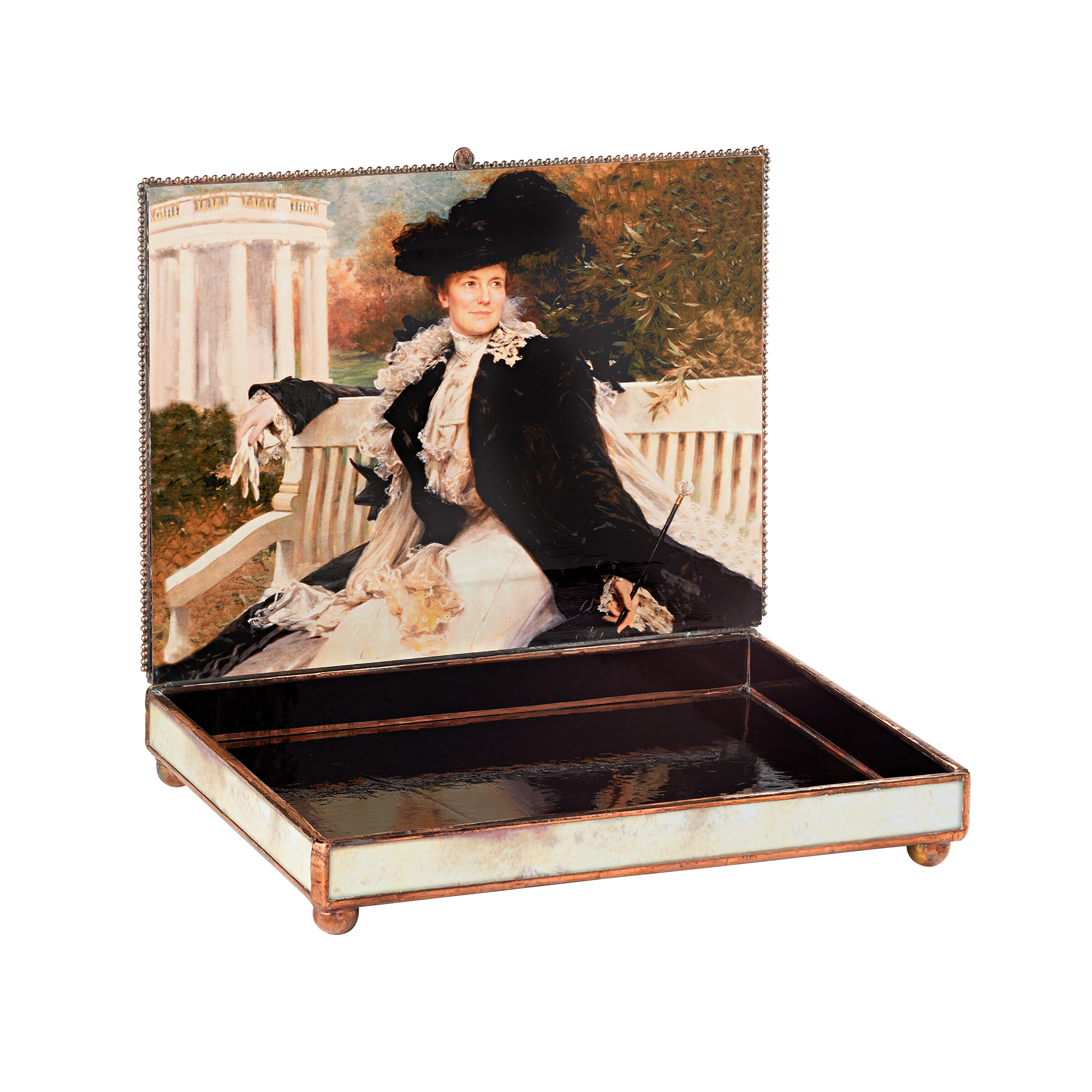 Glass decoupage box depicting a painting by artist John Ross Key-inside