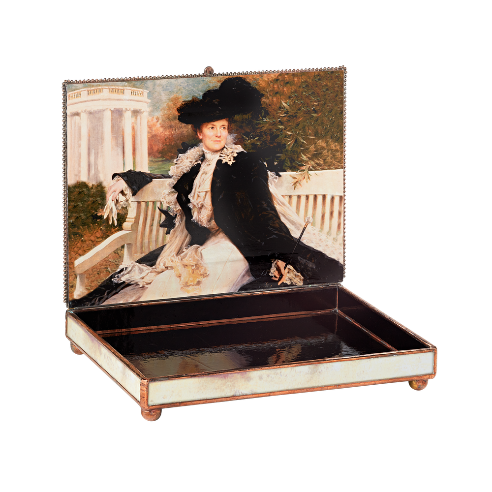 Glass decoupage box depicting a painting by artist John Ross Key-inside