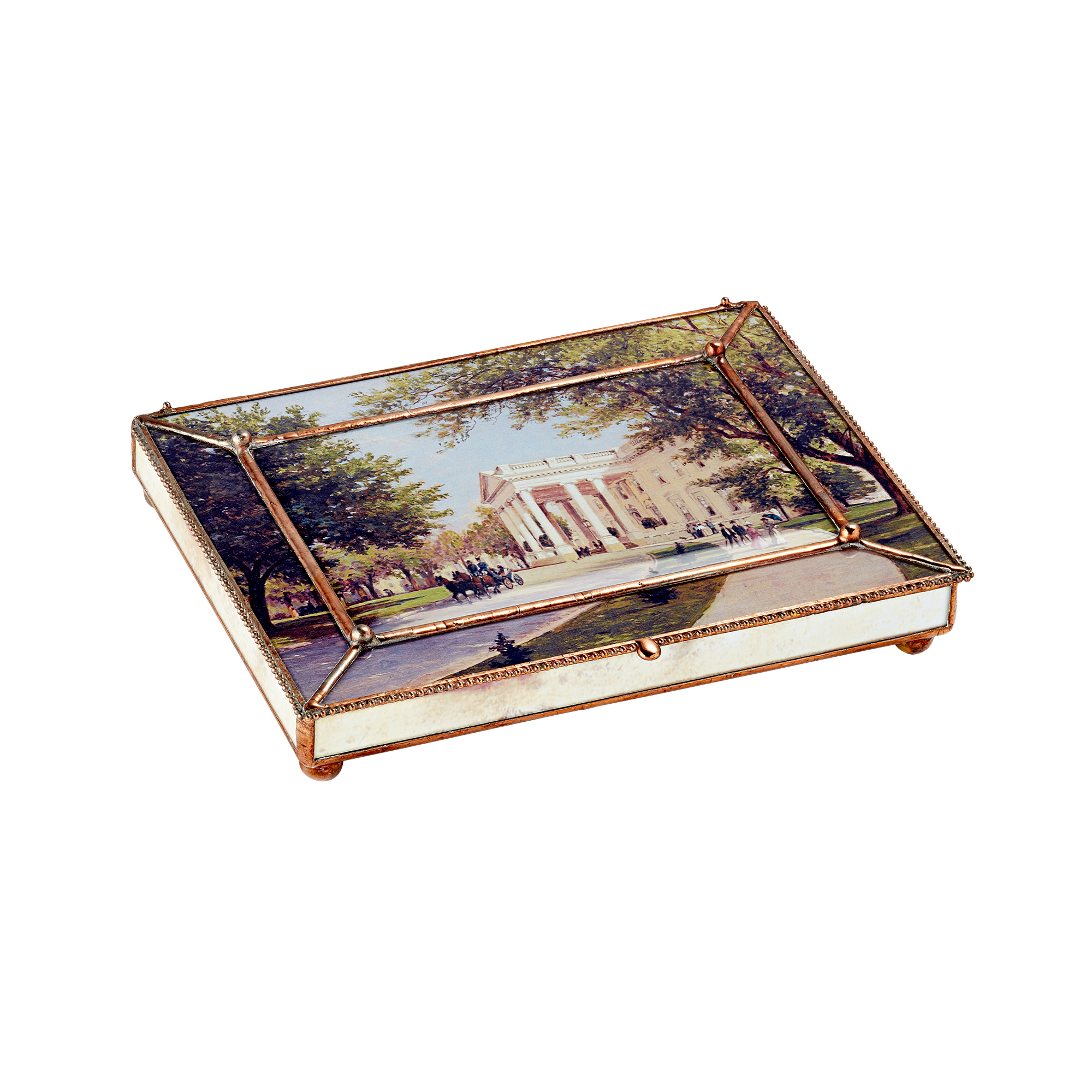 Glass decoupage box depicting a painting by artist John Ross Key-closed