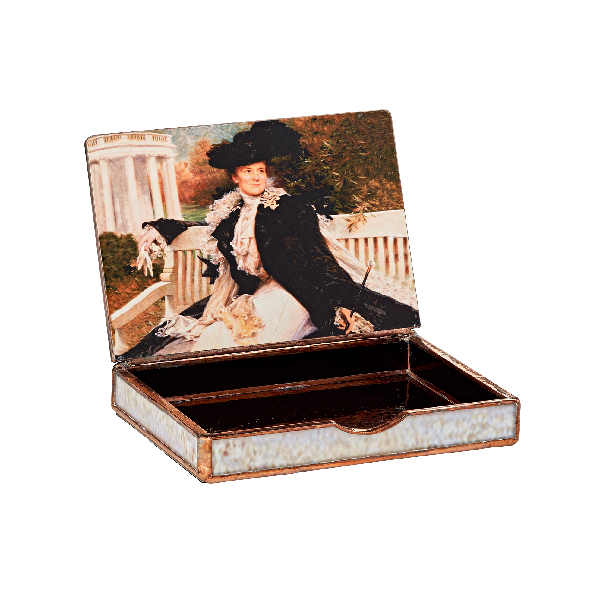 Glass decoupage box depicting a painting by artist John Ross Key-inside