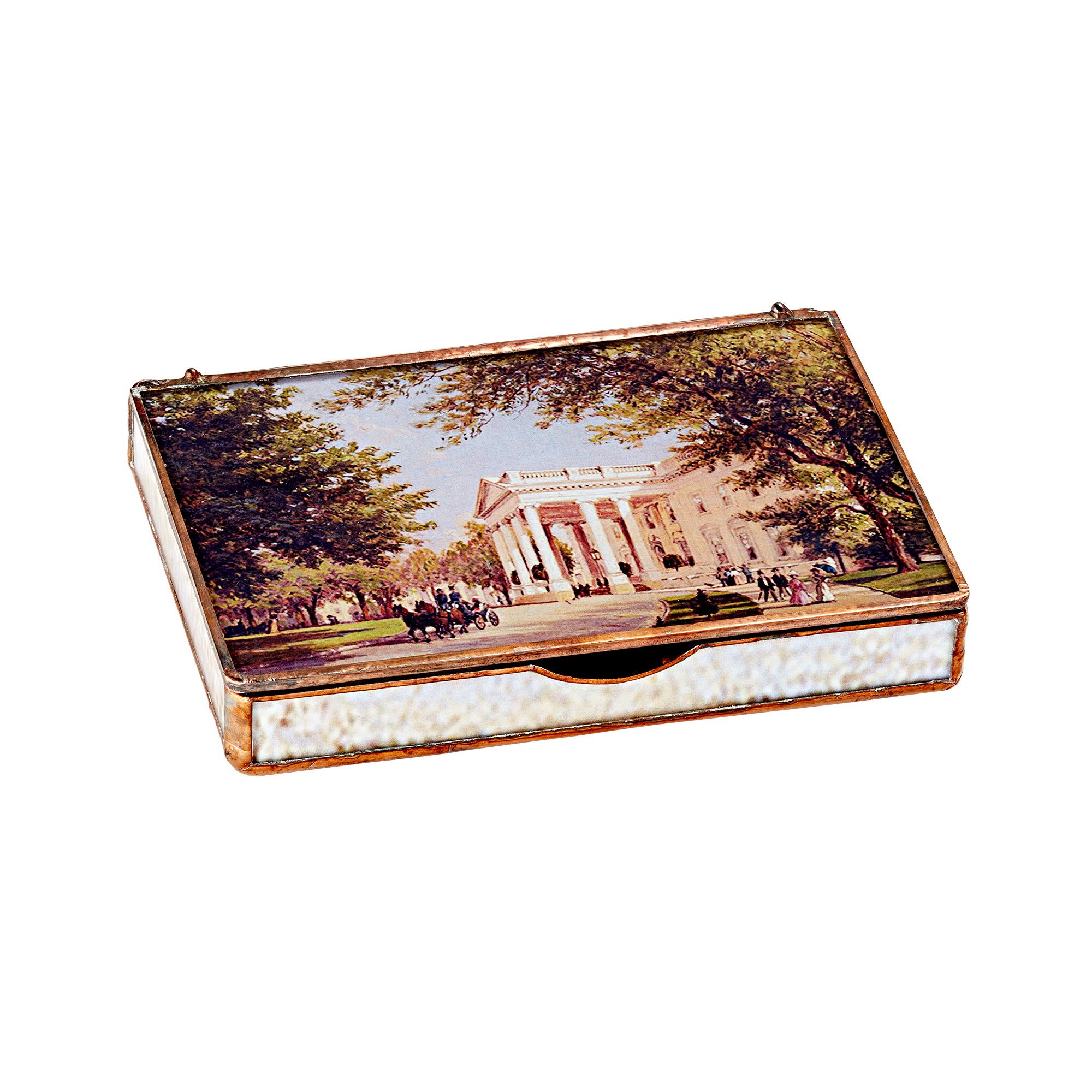 Glass decoupage box depicting a painting by artist John Ross Key-closed