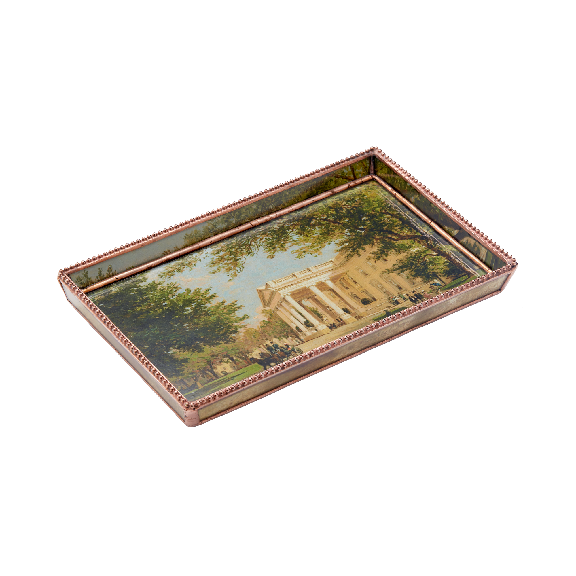 Glass decoupage tray depicting a painting by artist John Ross Key.