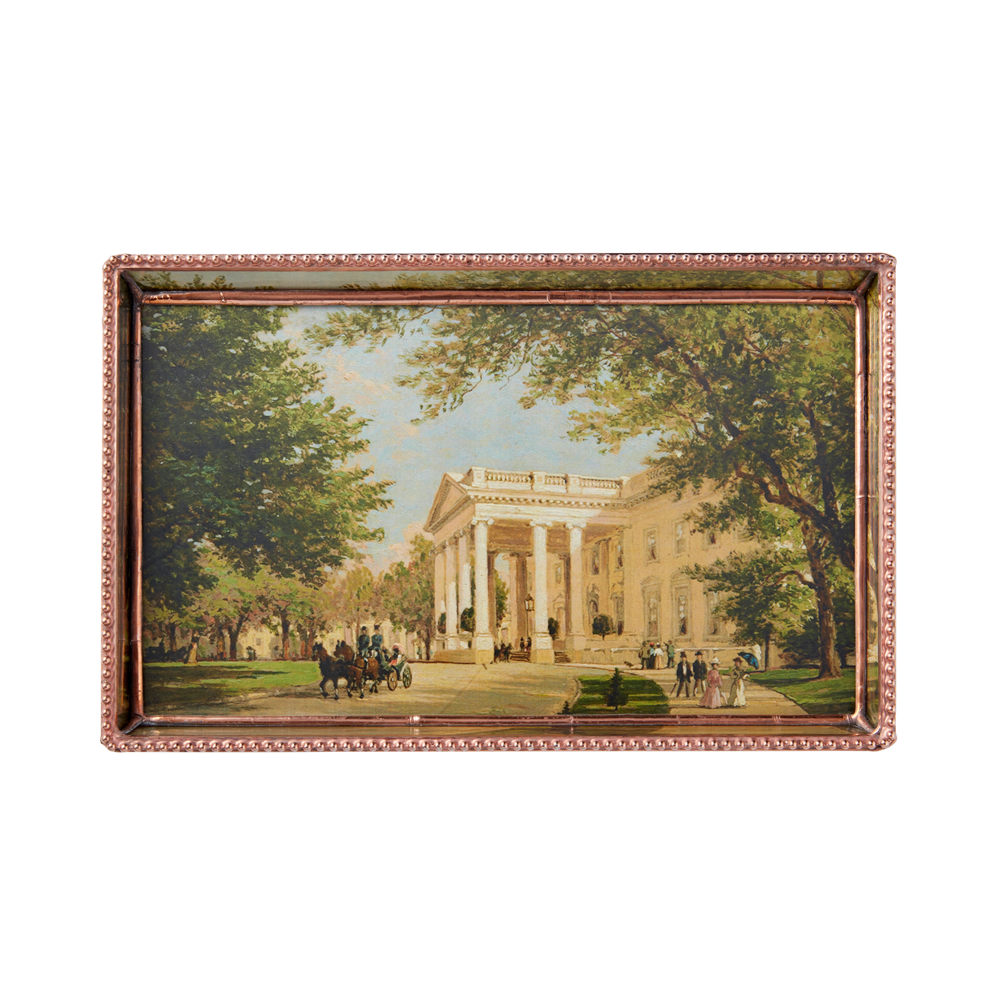 Glass decoupage tray depicting a painting by artist John Ross Key.
