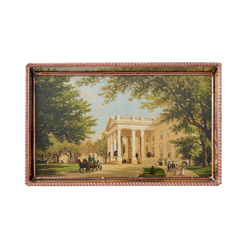 Glass decoupage tray depicting a painting by artist John Ross Key.