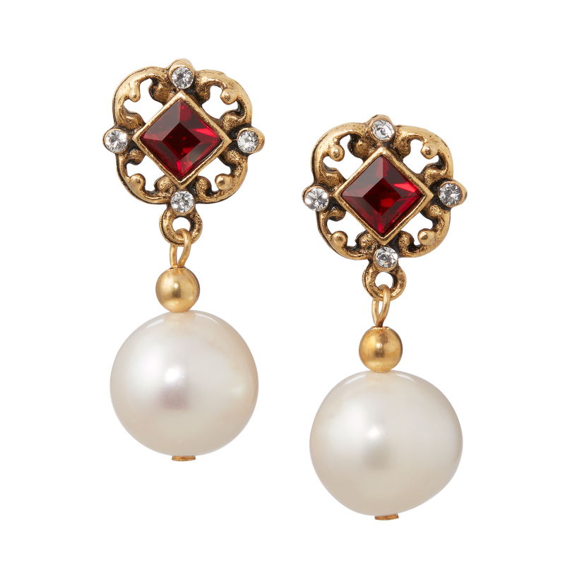 Red Crystal and Pearl Earrings