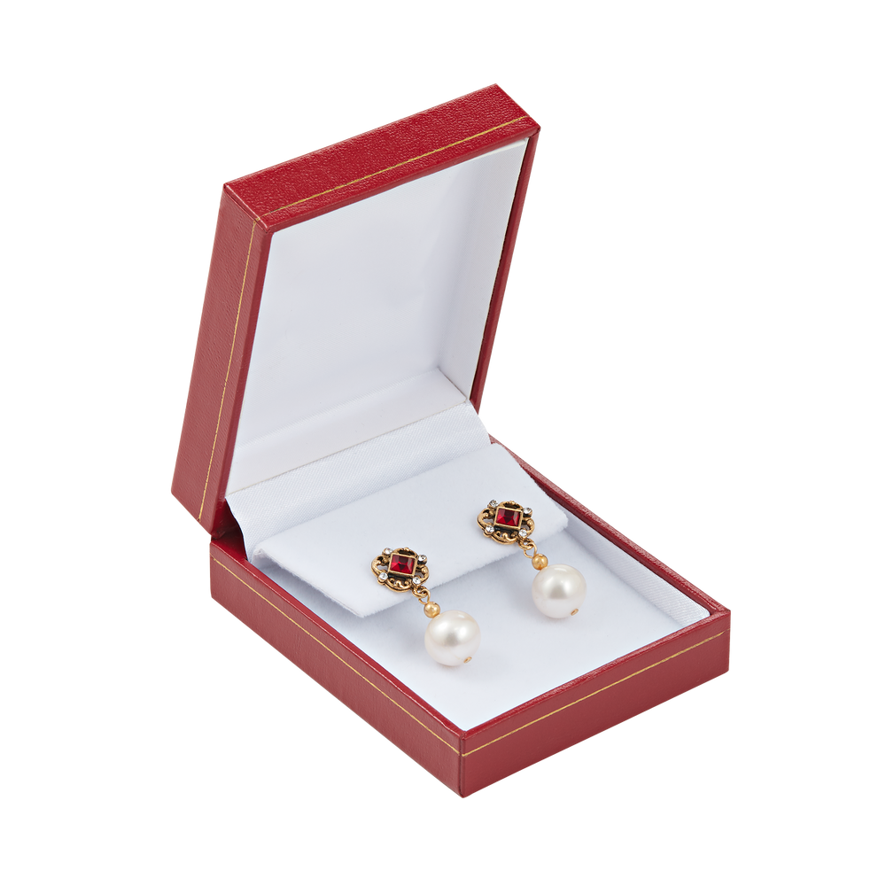 Red Crystal and Pearl Earrings-In Box