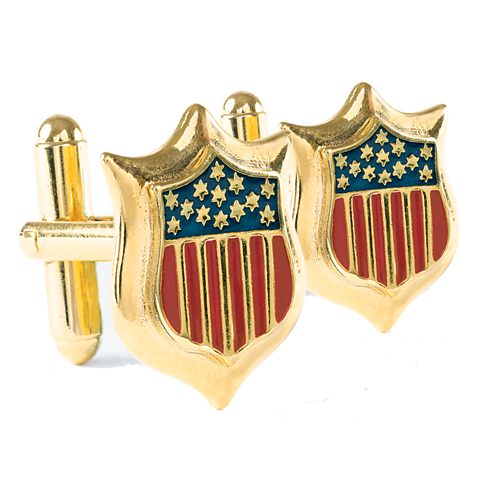 Gold cuff links replication of the Union Shield motif 